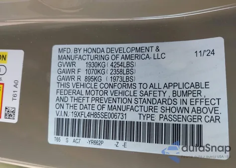 2025 Honda Civic Hybrid Sport from USA, damaged, VIN 19XFL4H85SE006731